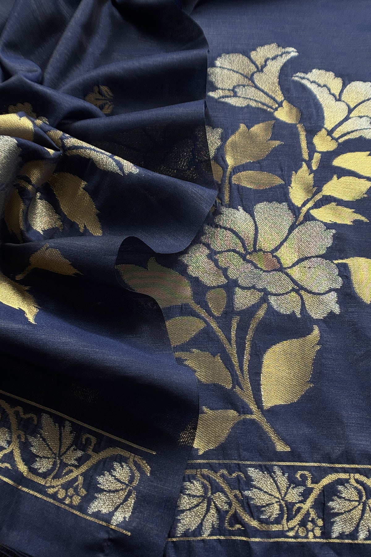 Navy Blue Silk Unstitched Suit With Gold Jamdani Weaving