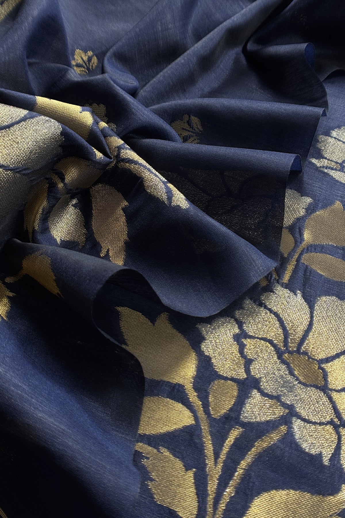 Navy Blue Silk Unstitched Suit With Gold Jamdani Weaving
