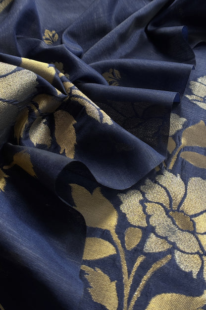 Navy Blue Silk Unstitched Suit With Gold Jamdani Weaving