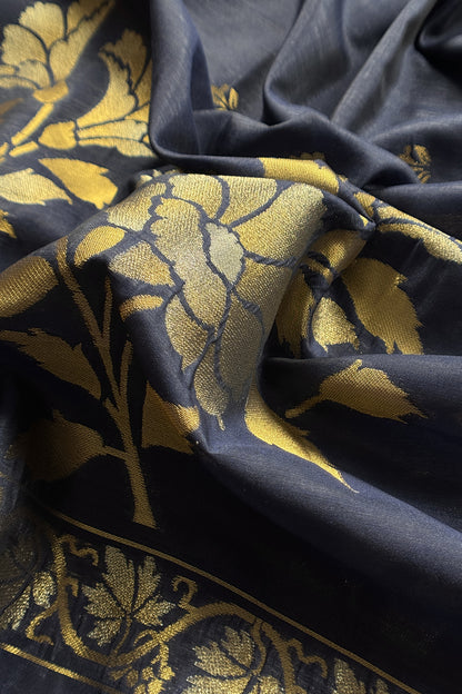 Navy Blue Silk Unstitched Suit With Gold Jamdani Weaving