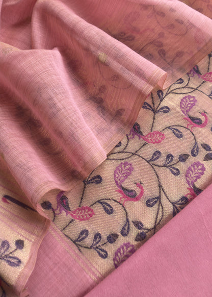 Taffy Pink Mor Paithani Style Jamdani weaving Suit in Linen Chanderi fabric