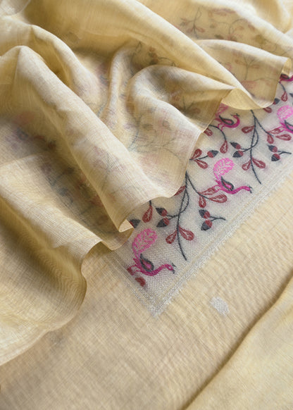 Light Blue Mor Paithani Style Jamdani weaving Suit in Linen Chanderi fabric