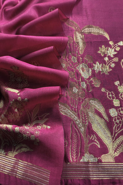 Pink Silk Unstitched Suit With Gold Jamdani weaving