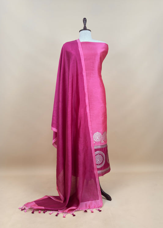 Pink Designer Handwoven Silk Suit Fabric With Zari Weaving