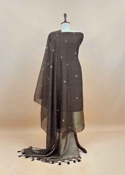 Wenge Brown Chanderi Unstitched Suit With Gold Zari Jamdani Weaving