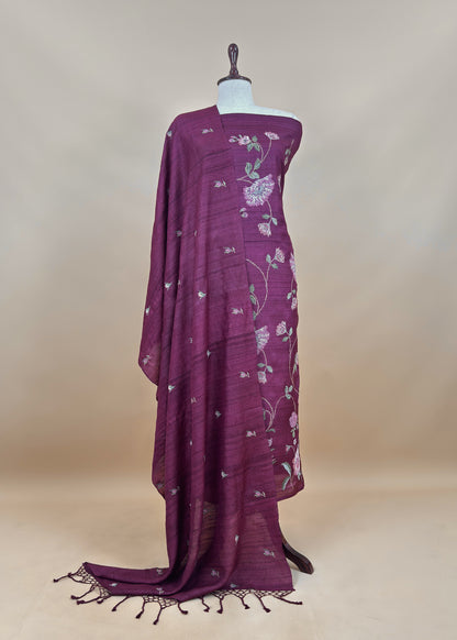 Wine Handloom Tussar Suit Fabric With Cross-Stitch Embroidery