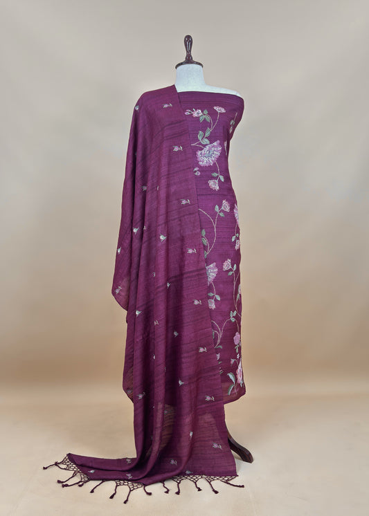 Wine Handloom Tussar Suit Fabric With Cross-Stitch Embroidery