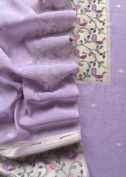 Lilac Mor Paithani Style Jamdani weaving Suit in Linen Chanderi fabric