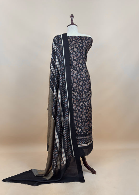 Black Pure Pashmina Unstitched Dupatta-Suit With Kani Print