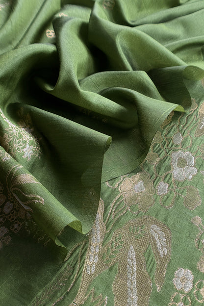 Green Silk Unstitched Suit With Gold Jamdani weaving