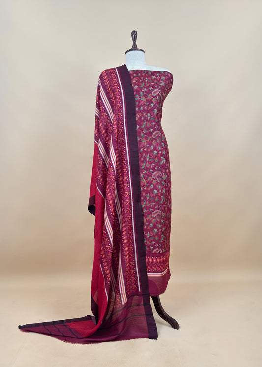 Rose Red Pure Pashmina Unstitched Dupatta-Suit With Kani Print