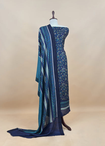 Blue Pure Pashmina Unstitched Dupatta-Suit With Kani Print