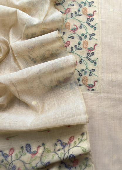 Beige Mor Paithani Style Jamdani weaving Suit in Linen Chanderi fabric