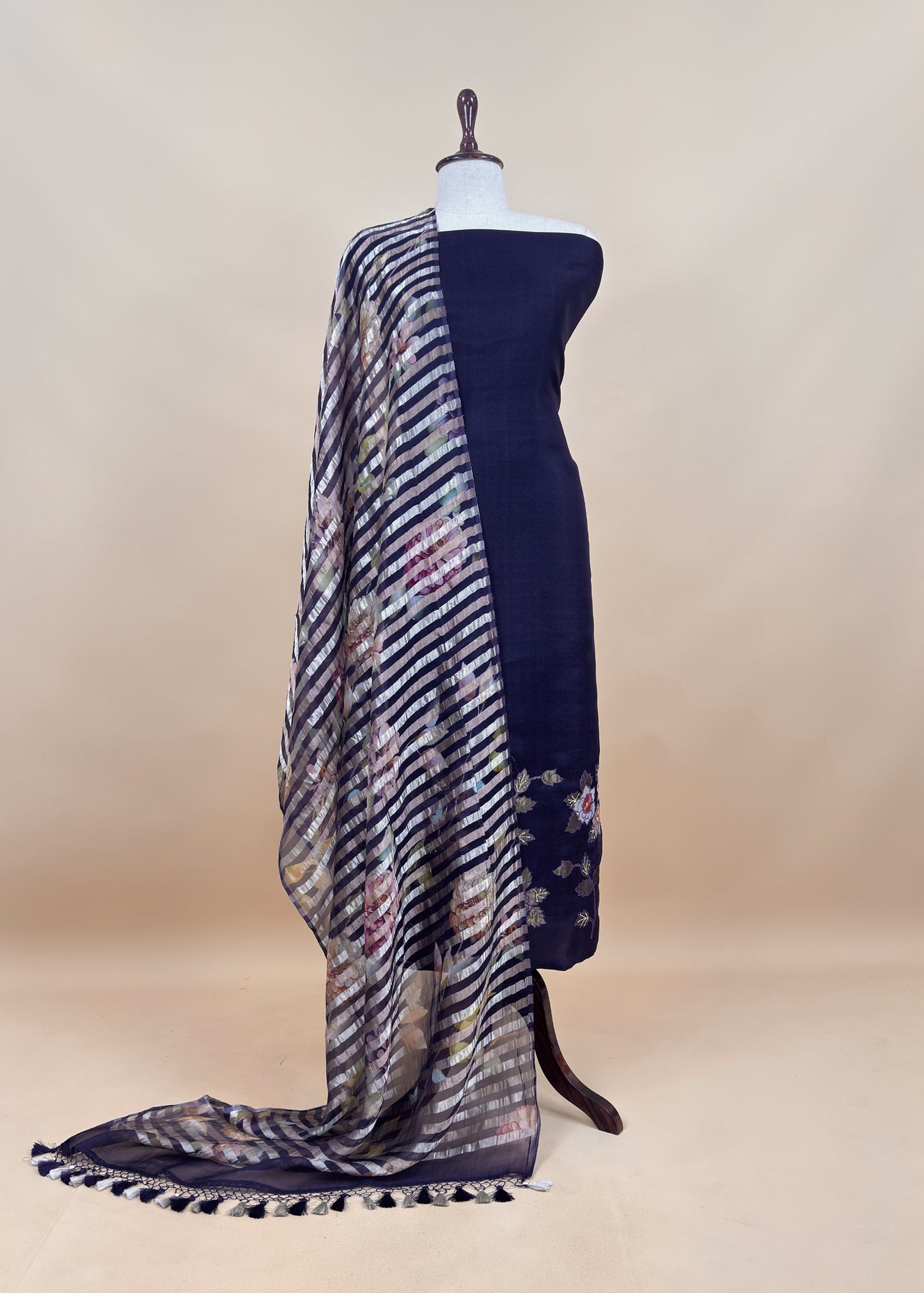 Forest Green Kora Silk Suit Fabric With Appliqué Work And Hand Embroidery