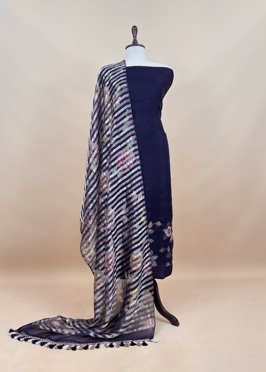 Navy Blue Kora Silk Suit Fabric With Appliqué Work And Hand Embroidery