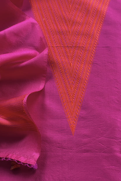Rani Pink Handloom Zari Weaving Silk Suit With Kora Dupatta