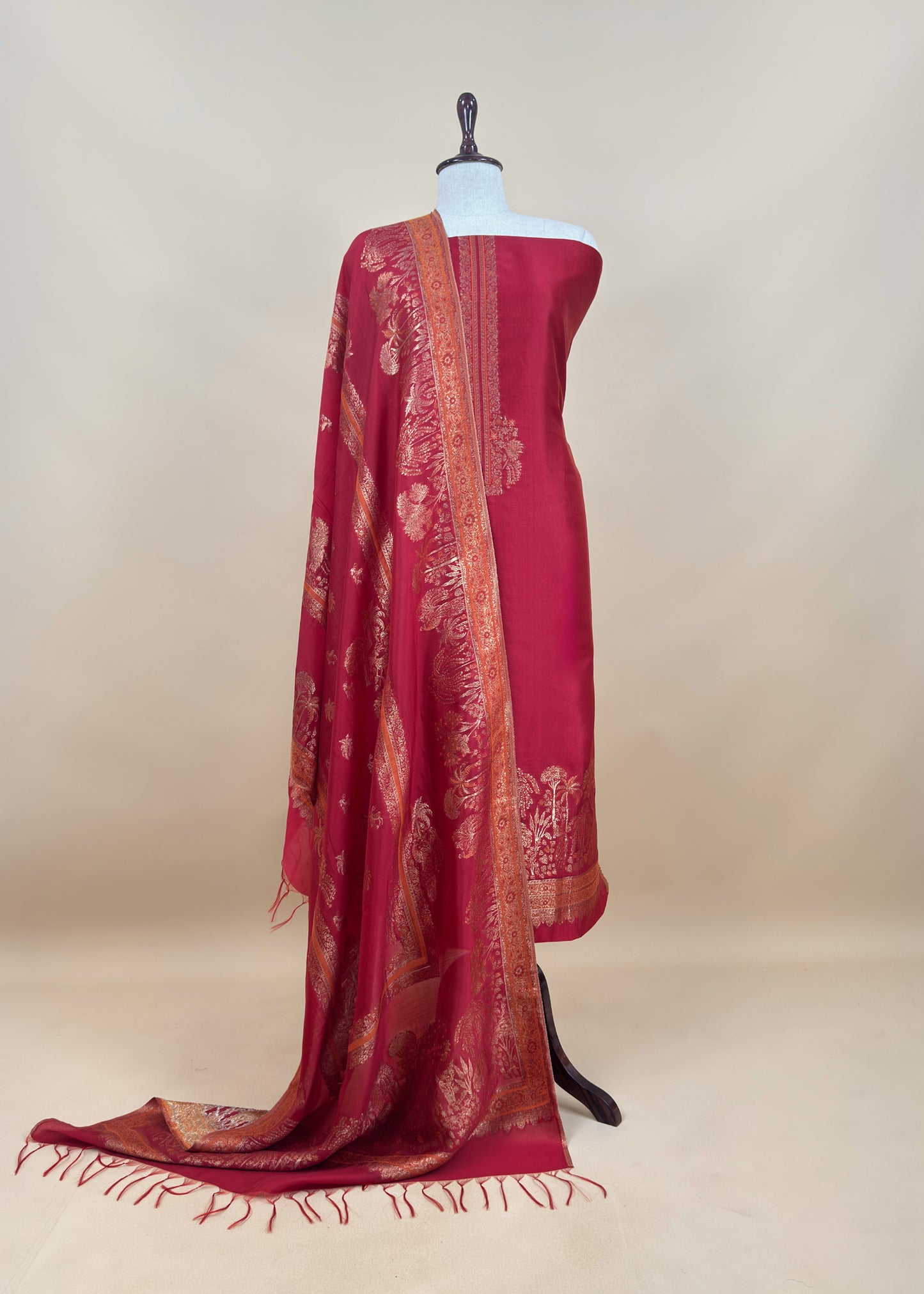 Red Palm Trees Kani Zari Silk Unstitched Suit