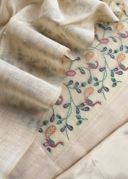 Beige Mor Paithani Style Jamdani weaving Suit in Linen Chanderi fabric