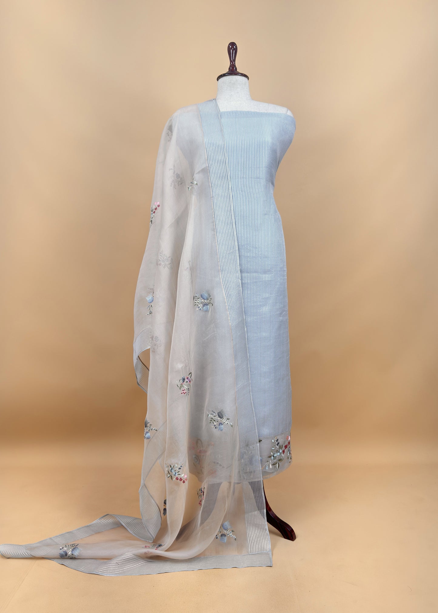 Baby Blue Handloom Kora Silk Suit Fabric With Embroidery