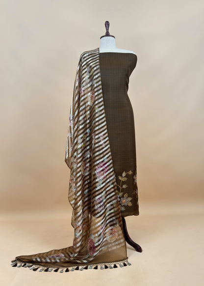 Forest Green Kora Silk Suit Fabric With Appliqué Work And Hand Embroidery