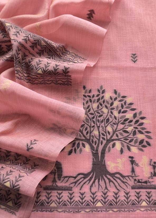 Pink Linen Chanderi Suit Fabric With Traditional Jamdani Weaving