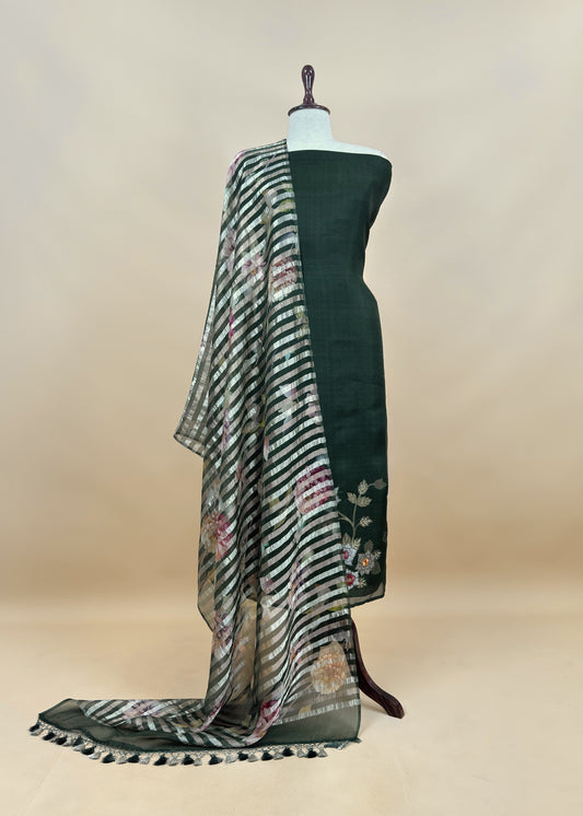 Forest Green Kora Silk Suit Fabric With Appliqué Work And Hand Embroidery