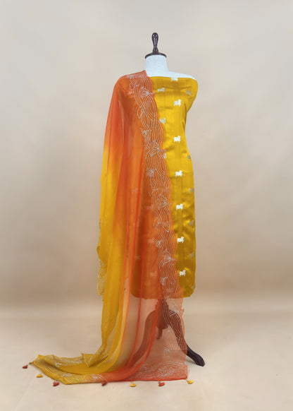Yellow And Orange Chiniya Silk Kurta And Ombré Kora Silk Dupatta With Handwork