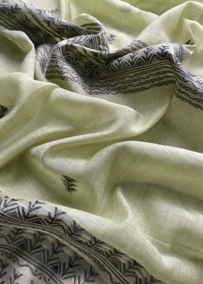 Apple Green Linen Chanderi Suit Fabric With Traditional Jamdani Weaving