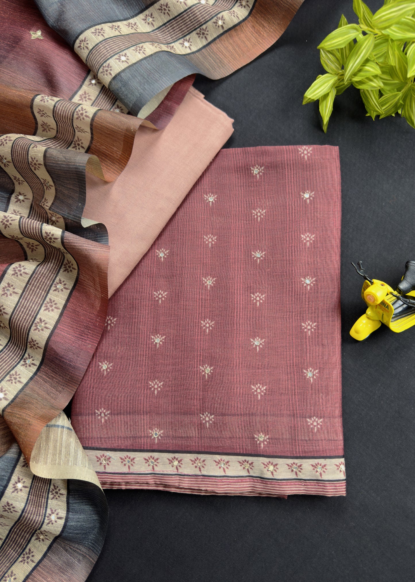 Wine Chanderi Silk Unstitched Suit With Gotta Patti And Mirror Work Dupatta