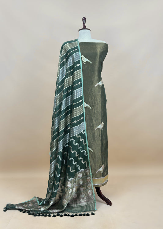 Luxe Gold Chidiya Green Handloom Tissue Silk Kurta And Kora Silk Dupatta With Kadwa Weaving
