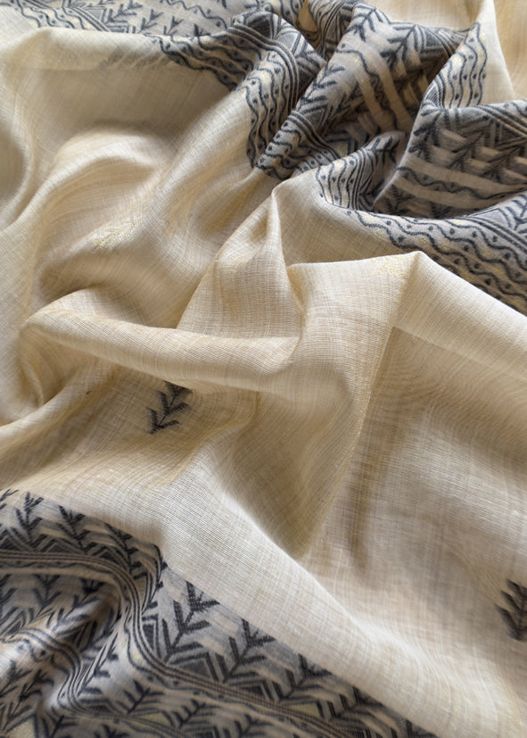 Beige Linen Chanderi Suit Fabric With Traditional Jamdani Weaving