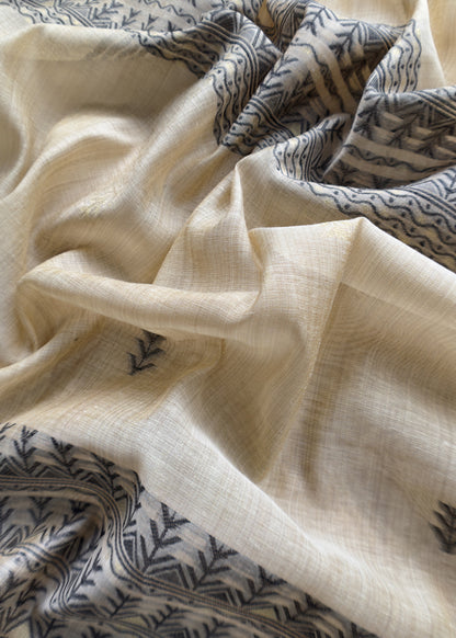 Beige Linen Chanderi Suit Fabric With Traditional Jamdani Weaving