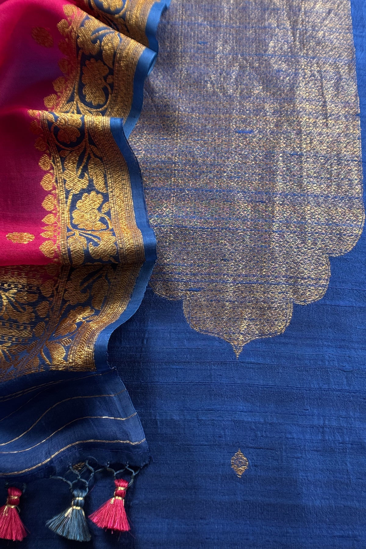 Blue and Pink Handloom Raw Silk Kurta And Kora Silk Dupatta With Kadwa Weaving
