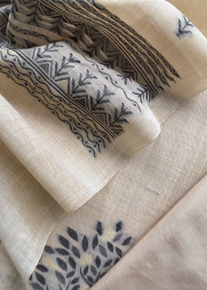 Beige Linen Chanderi Suit Fabric With Traditional Jamdani Weaving