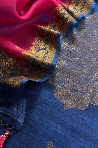 Blue and Pink Handloom Raw Silk Kurta And Kora Silk Dupatta With Kadwa Weaving