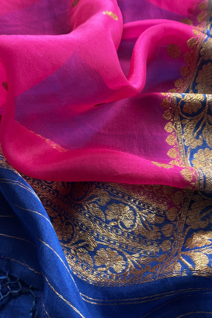 Blue and Pink Handloom Raw Silk Kurta And Kora Silk Dupatta With Kadwa Weaving