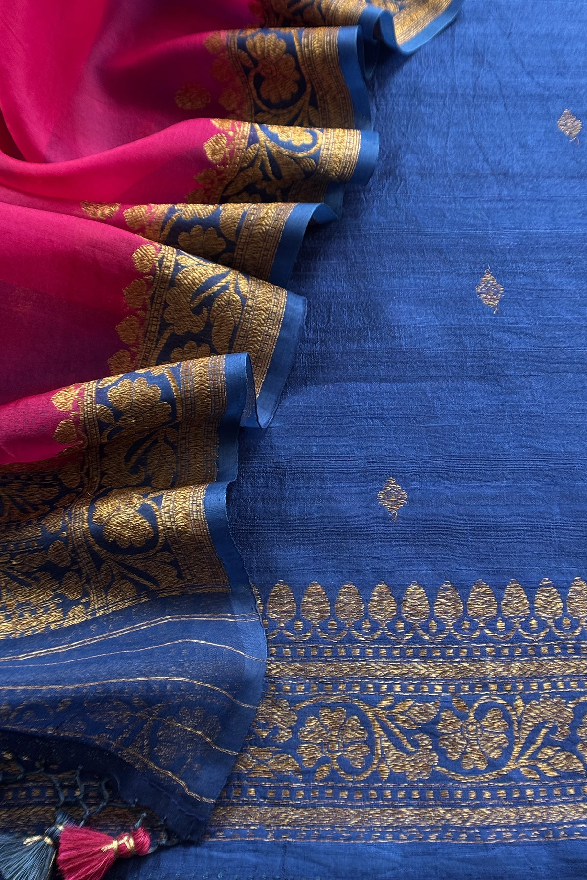 Blue and Pink Handloom Raw Silk Kurta And Kora Silk Dupatta With Kadwa Weaving