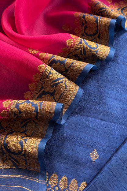 Blue and Pink Handloom Raw Silk Kurta And Kora Silk Dupatta With Kadwa Weaving