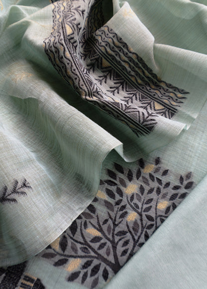 Light Blue Linen Chanderi Suit Fabric With Traditional Jamdani Weaving