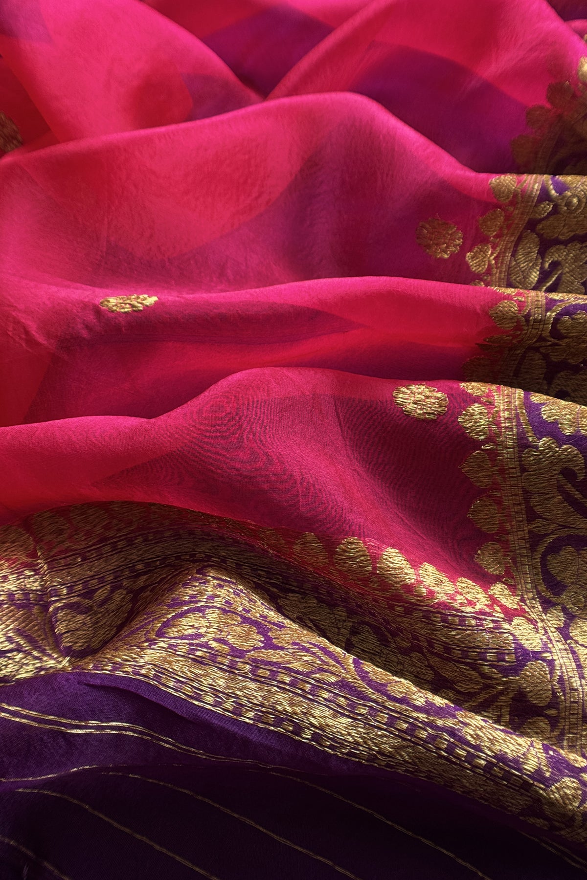 Purple And Pink Handloom Raw Silk Suit With Kora Silk Dupatta