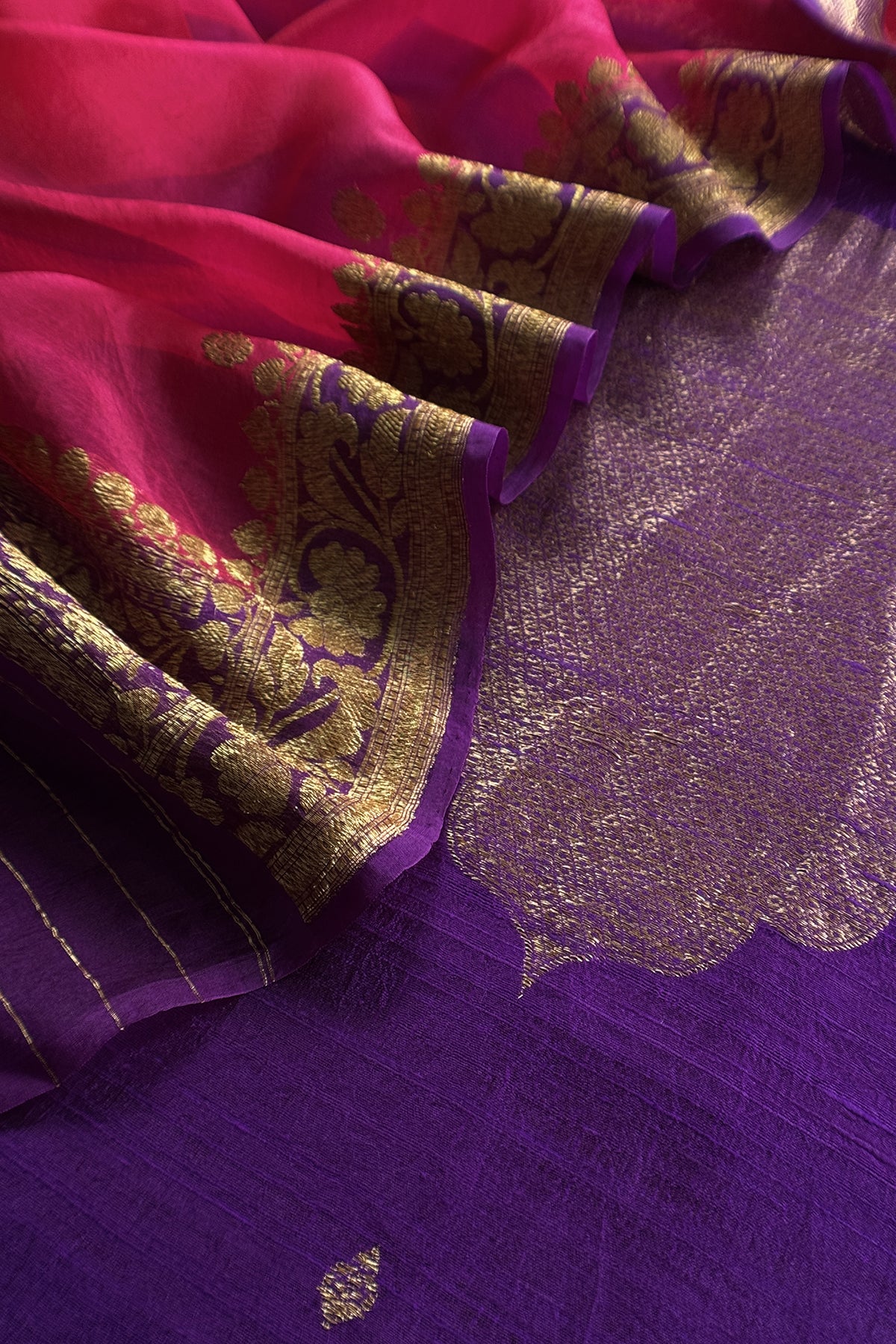 Purple And Pink Handloom Raw Silk Suit With Kora Silk Dupatta