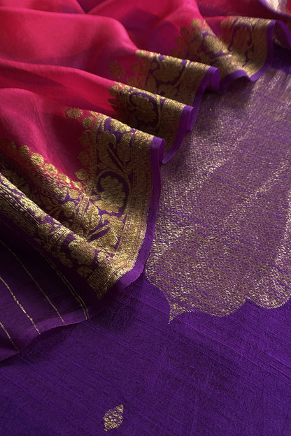 Purple And Pink Handloom Raw Silk Suit With Kora Silk Dupatta