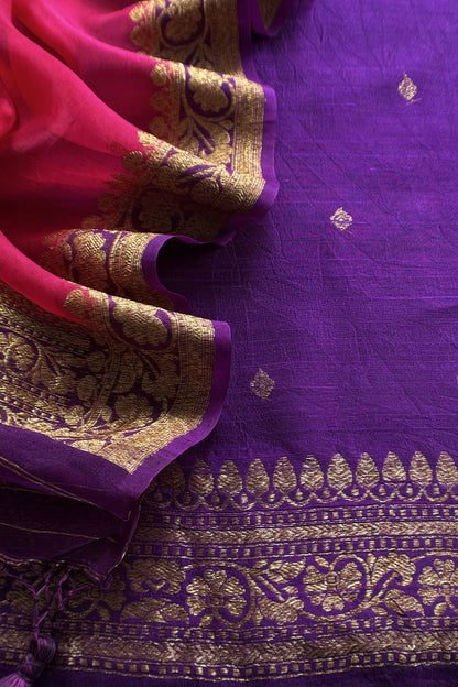 Purple And Pink Handloom Raw Silk Suit With Kora Silk Dupatta
