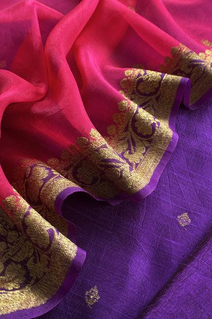 Purple And Pink Handloom Raw Silk Suit With Kora Silk Dupatta