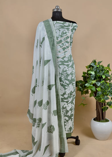 Green  Cotton Unstitched Salwar Suit with Off-White Dupatta