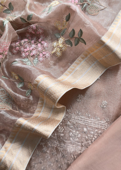 Luxe Cheeku Handloom Tissue Silk Suit Adorned With Gold Pitta Work And Resham Embroidery