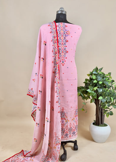 Pink Linen Unstitched Suit With Kantha Work