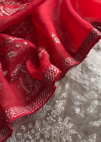 Luxe Golden Red Dulhan Handloom Tissue Silk Kurta And Kora Silk Dupatta With Pitta Hand Work