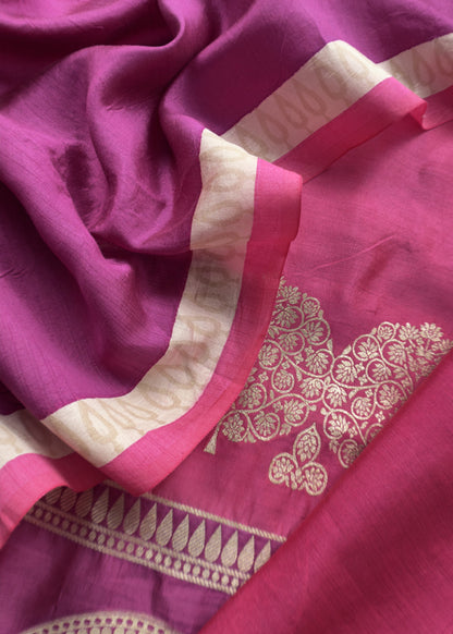Luxe Pink And Purple Designer Handwoven Silk Suit Fabric With Zari Weaving
