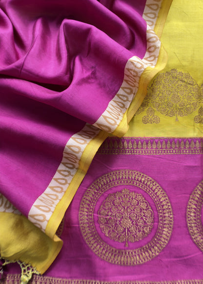 Luxe Pear Green And Wine Designer Handwoven Silk Suit Fabric With Zari Weaving